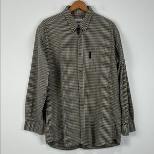 Columbia Men's Large Checkered Shirt Black Tan Plaid Button Front 100% Cotton